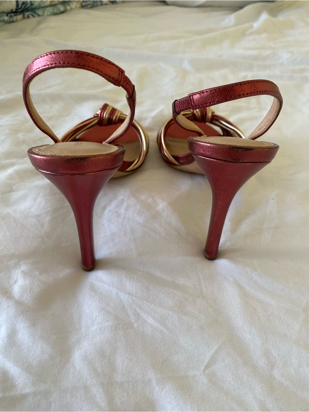 Veronica Beard Metallic Red & Gold Knotted Strap Heels - Picture 10 of 13